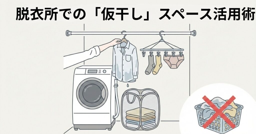 脱衣所での仮干しスペース