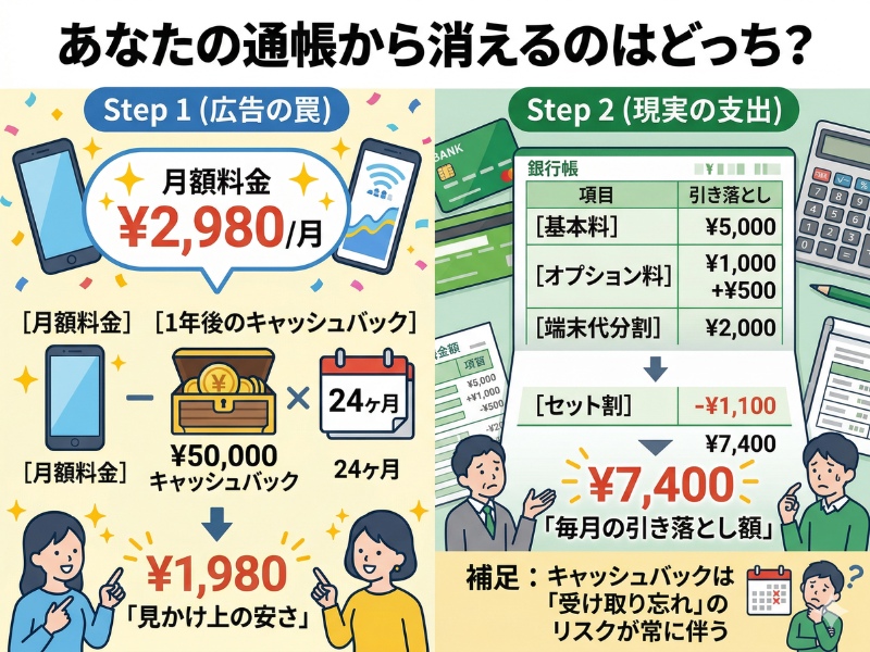 広告の実質料金計算式と実際の月額支払額の違いを示す図解